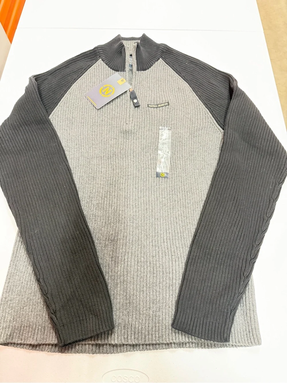 NWT Vintage Nautica Jeans Co Quarter Zip Rib Knit Sweater Gray Black XXL 2XL